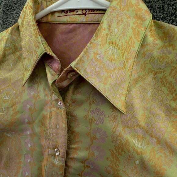 Robert Graham Women Shiny Floral Print Button Up Small Shirt Green Pink L/S - Picture 9 of 16